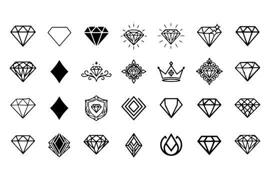 Minimalist diamond icon set, 28 black linear gemstone symbols, geometric jewelry logo elements, luxury crystal line art collection for branding