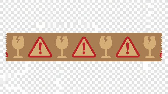 Fragile Warning Tape: Brown packing tape featuring repeating symbols of a broken glass and a red exclamation mark within a triangle.