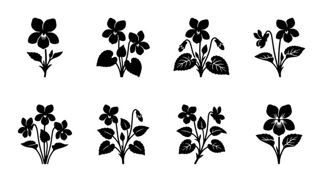 Violet Flower Vector Icons, Botanical Floral Silhouettes, Delicate Spring Bloom Graphics, Nature Elements