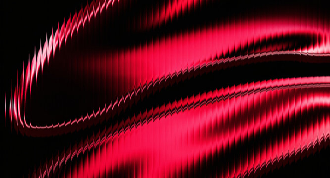 Abstract background with vertical neon red stripes on dark reeded glass texture, vibrant 3D glossy liquid wave with dramatic light reflections