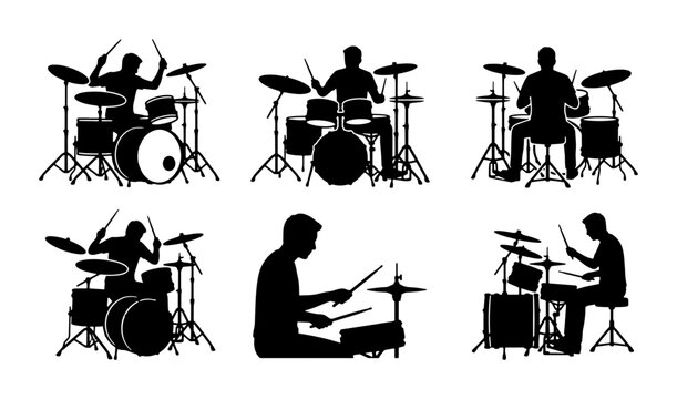 Drummer Silhouettes, Set of 6 Vector Icons, Musician Playing Drums, Rock Band Performance
