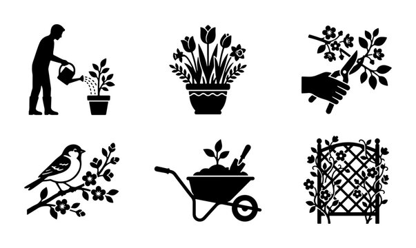 Gardening Icons Set: Planting, Flowers, Pruning, Bird, Wheelbarrow, Trellis, Vector Graphics