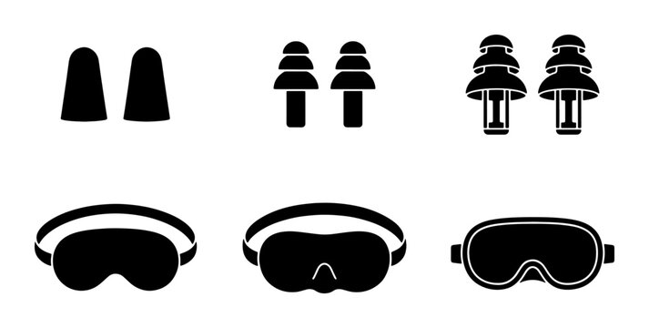 Sleep Mask and Earplug Icons, Travel Comfort Set, Black Silhouette Vector Graphics