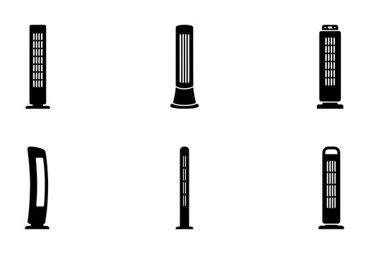Tower Heater Icons, Portable Electric Fan Heater Silhouettes, Modern Climate Control Vector Set