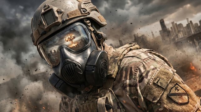 A close-up portrait image of a soldier in a gas mask