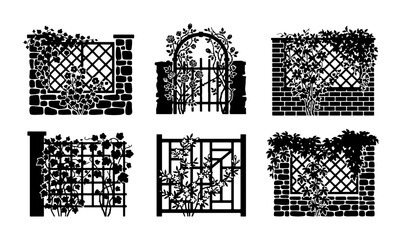 Vineyard Garden Fences, Arbors, and Gates Vector Set: Black Silhouette Elements for Outdoor Design © Jim