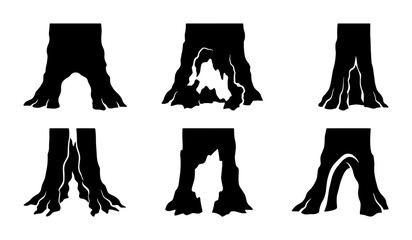 Tree Trunk Base Silhouettes, Forest Floor Roots, Natural Wood Texture Vector Icons © Jim