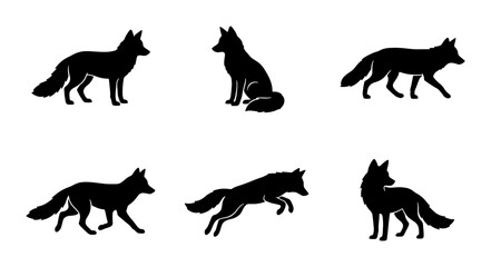 Obraz premium Six Black Fox Silhouettes, Vector Icons Set, Wild Animal Poses Collection