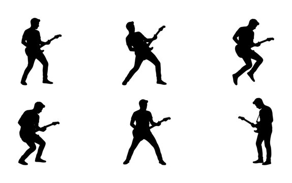 Electric Guitar Player Silhouettes, Rock Music Performance Poses, Musician Action Vector Set