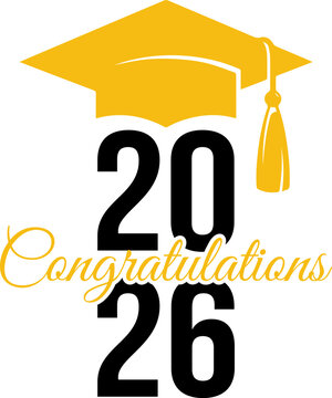 Congratulations class of 2026 typography design with an elegant script font and a yellow graduation cap icon, ideal for graduation party invitations, posters, and social media.