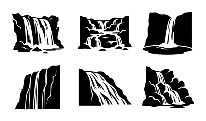 Set of six black and white vector waterfall illustrations, diverse cascade designs, natural landscape elements © Jim