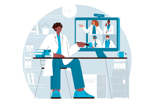 Doctor conducts remote medical consultation with colleagues via videoconference in hospital office. Medical staff discuss clinical case online on large computer screen.