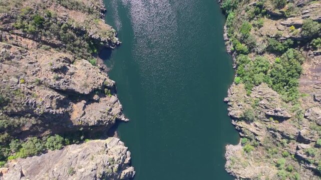 Sil River Canyon Through Ribeira Sacra Region From Cadeiras Viewpoint In Sober, Spain. Aerial Topdown Shot