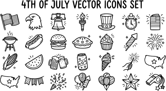Black and White Line Art Icons Set for 4th of July Holiday Celebration - American Symbols and Food