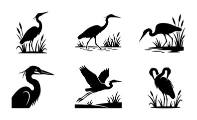 Fototapeta premium Heron Bird Silhouettes, Wildlife Vector Icons, Elegant Waterfowl Graphics, Nature Elements