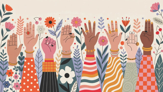 Elegant illustration of diverse women raising fists in solidarity vector background
