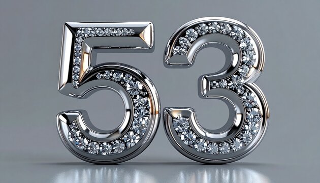Luxury silver number 53 with polished chrome texture and diamond reflections, cinematic elegance