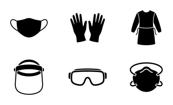 Personal Protective Equipment Icons: Face Mask, Gloves, Gown, Shield, Goggles, Respirator