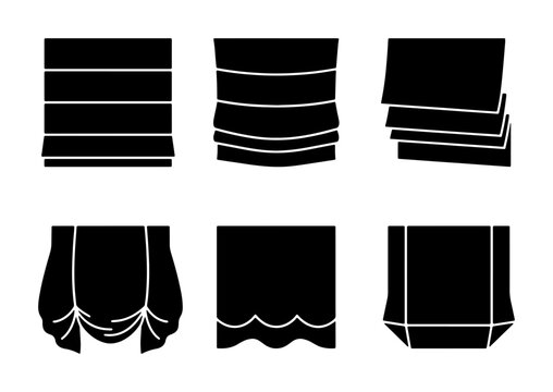 Window Blinds and Shades Vector Icons, Interior Design Elements, Black and White Silhouettes