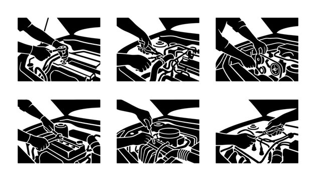 Car Engine Repair Icons, Automotive Maintenance Steps, Mechanic Hand Service Symbols