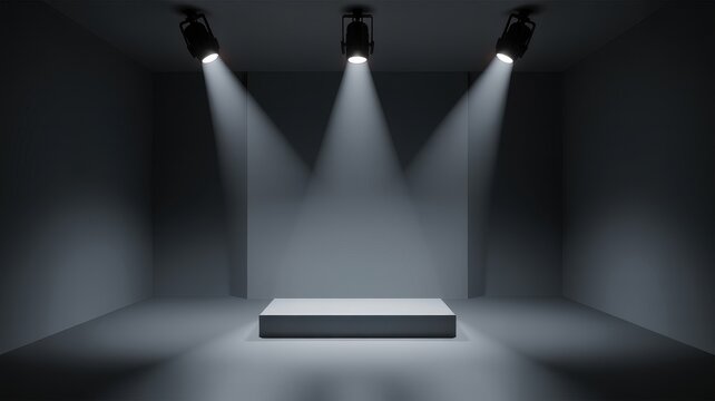 Empty gray studio background with three spotlights shining on a white podium platform
