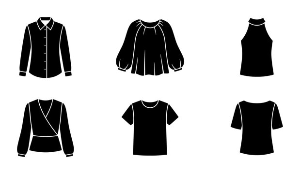 Black Silhouette Tops Collection, Fashion Apparel Icons, Vector Garment Set for Style Guides