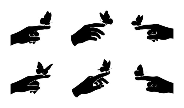 Butterfly Silhouette Collection, Delicate Insect on Finger, Elegant Hand Gestures, Nature Vector Art