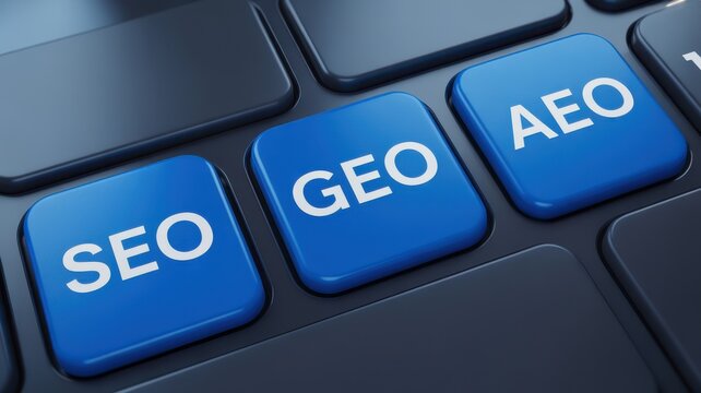 Close up of keyboard with SEO, GEO, and AEO blue keys for digital marketing