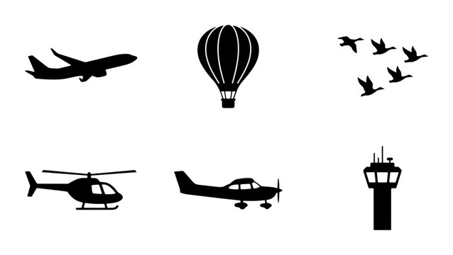 Aviation Icons Set: Airplane, Helicopter, Hot Air Balloon, Air Traffic Control Tower, Birds