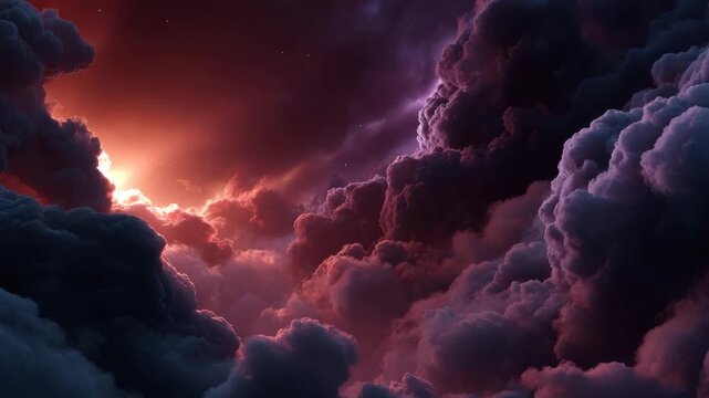 Dreamy sunset sky cloudscape with purple pink glow, dramatic storm clouds, dark horizon, celestial atmosphere, surreal fantasy landscape, backlit mist, and twilight weather texture