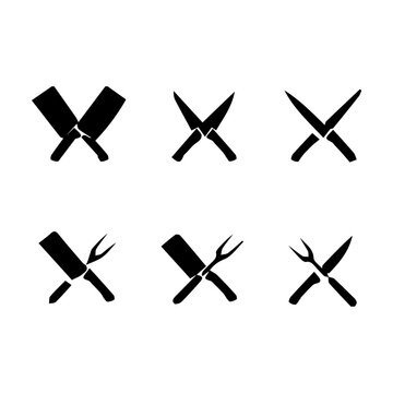 Set of Crossed Kitchen Knives and Meat Forks Silhouette Icons Vector Illustration
