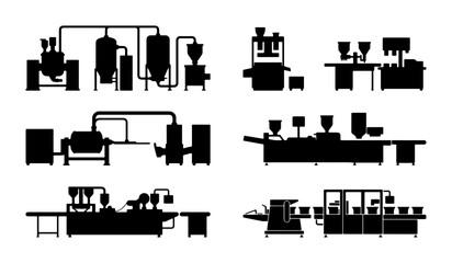 Obraz premium Industrial Production Line Icons, Manufacturing Process Silhouettes, Factory Equipment Vector Set
