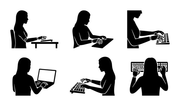 Ergonomic Posture Icons, Woman Typing Correctly, Computer Keyboard Usage, Desk Setup, Silhouette Illustrations