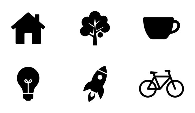 Simple Black Icons: House, Tree, Coffee Cup, Lightbulb, Rocket, Bicycle Set