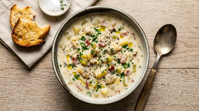 Hearty Clam Chowder Soup with Toast and Herbs in Rustic Bowl