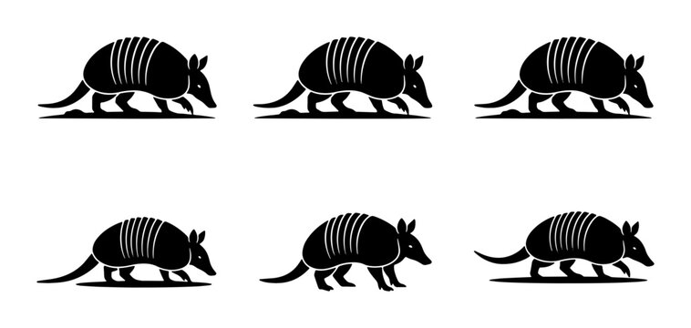 Six Black Armadillo Vector Icons, Wildlife Silhouette Collection