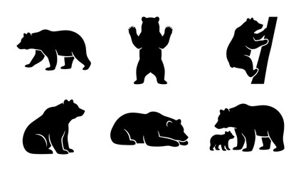 Bear Silhouettes, Wildlife Vector Icons: Forest Animals, Mama Bear Cub, Climbing Tree, Standing Pose © Mizan
