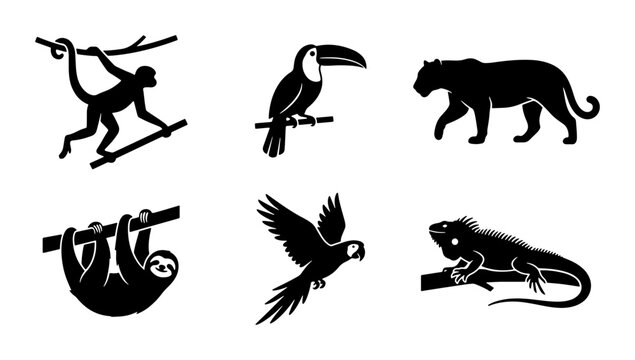 Jungle Animals Silhouette Set: Monkey, Toucan, Panther, Sloth, Parrot, Iguana Icons
