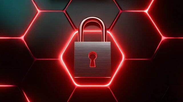 Padlock Security Lock Keyhole Protection Privacy Data Cyber Network Hexagon Red Glowing Background Shield Safe Access Encryption Firewall Threat Risk Defense System Technology Digital Abstract