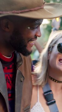 Festival, face or friends with sunglasses for photography, bonding experience or smile for weekend fun. Support, portrait and happy people with picture at social event, outdoor and shades for reunion