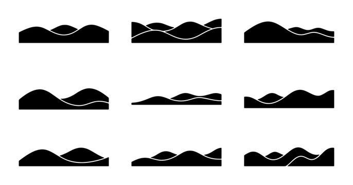Abstract Landscape Silhouettes, Rolling Hills Vector Icons, Minimalist Nature Elements, Black and White Graphic Set