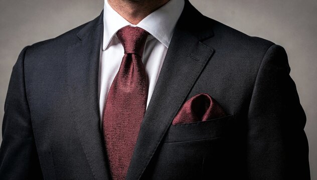 Close-up of a well-dressed man in a dark suit with a crisp white shirt, a textured maroon tie, and a matching pocket square, exuding professionalism and elegance, ready for business or formal events