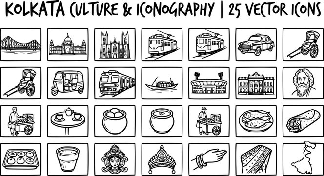 Kolkata Culture  Iconography Hand-drawn Line Art Vector Icons Set: Famous Landmarks, Transport, Food, and Heritage Symbols for Indian City Tourism