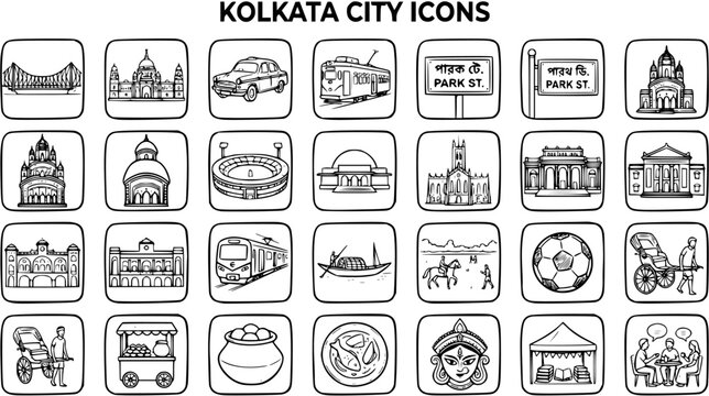 Kolkata City Icons Hand Drawn Line Art Set. Black and White Doodle Symbols and Landmarks of India for Travel and Culture.