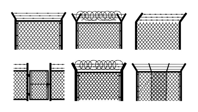 Security Fence Icons, Barbed Wire and Chain Link Designs, Vector Set for Protection