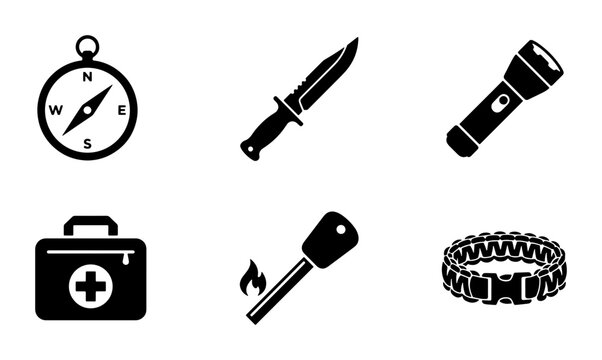 Survival Gear Icons: Compass, Knife, Flashlight, First Aid Kit, Fire Starter, Paracord Bracelet