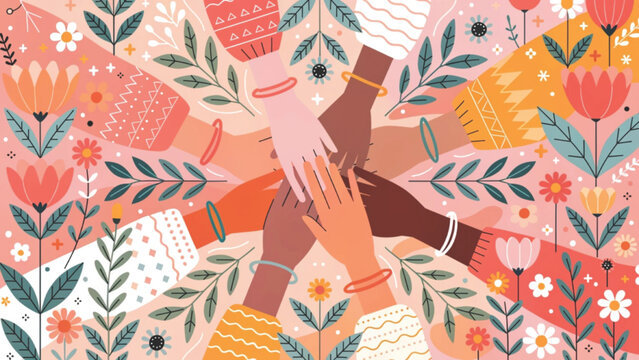 Diverse hands reaching together in harmony surrounded by colorful spring flowers vector background