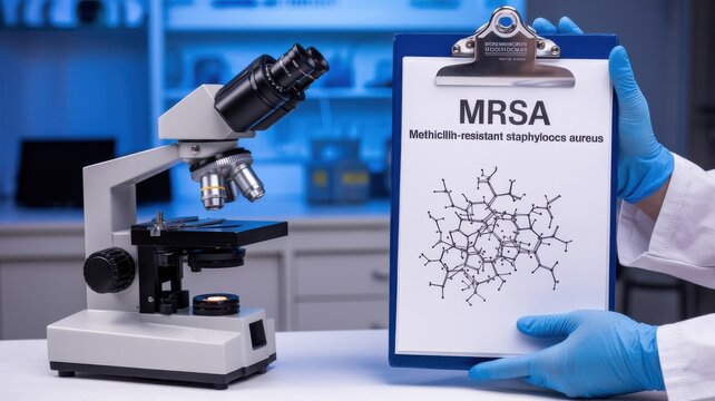 Scientist Holding Clipboard with MRSA Information in Laboratory with Microscope
