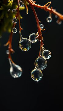 Close-up of dew drops clinging to mossy branches, each droplet a tiny, distorted world, like captured memories in amber,  faded,  grain