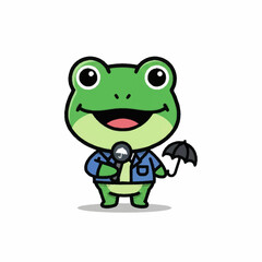 Obraz premium Cute cartoon frog reporter holding microphone and umbrella.